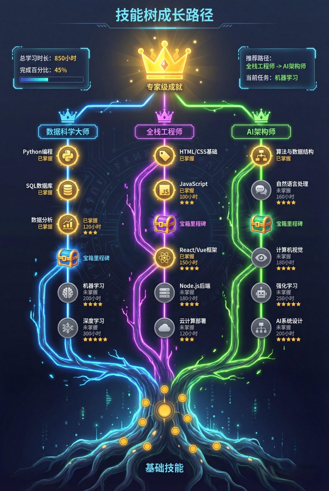 一张精美的技能树成长路径信息图