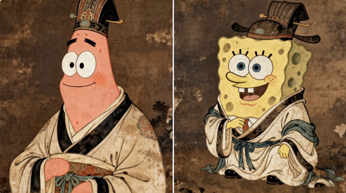 身穿古代服饰的派大星和海绵宝宝
