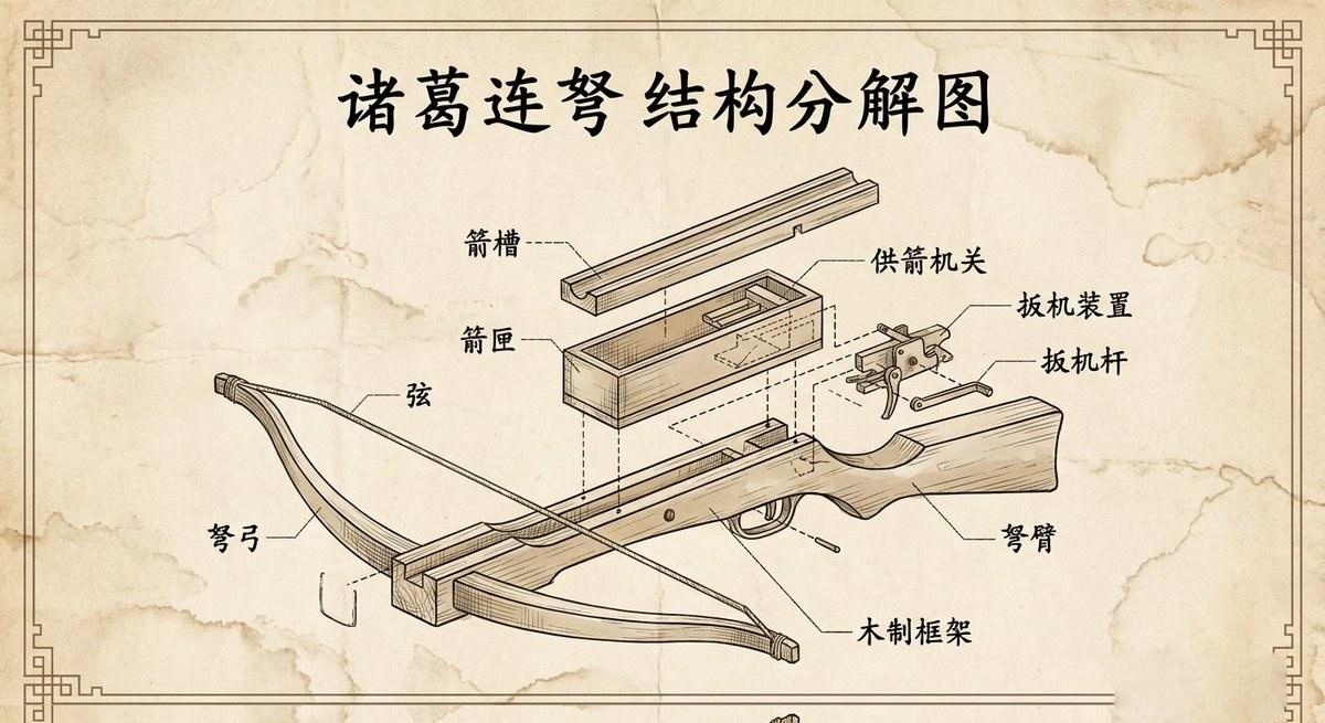 诸葛连弩的复古风格工程爆炸图