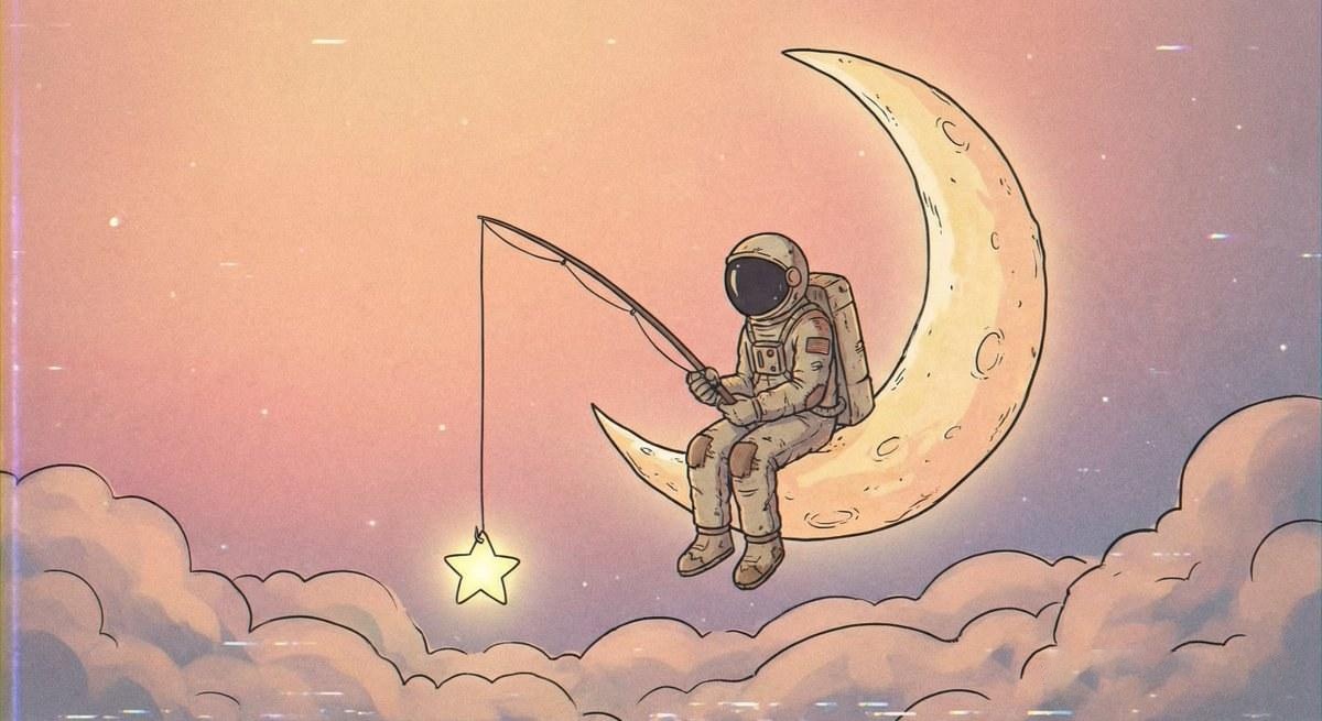 治愈系，宇航员坐在弯弯的月亮边钓星星