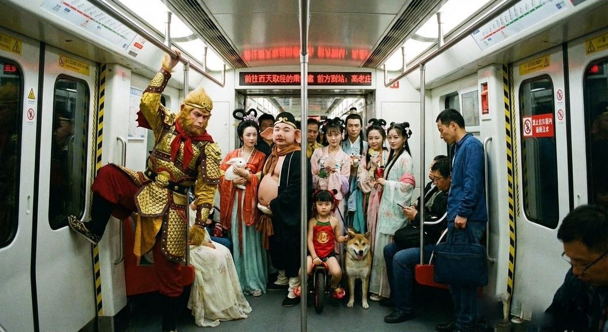 拥挤的北京地铁车厢，但乘客全是神话人物