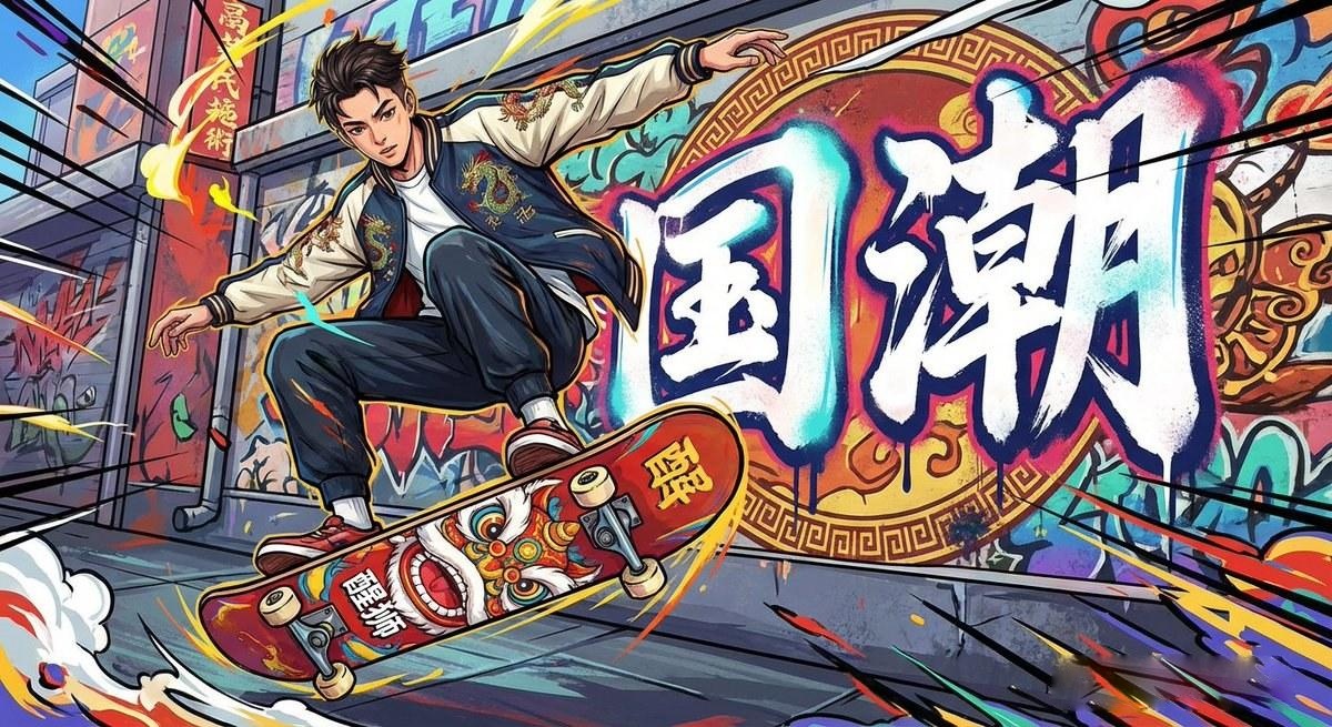 潮流插画风格，一个穿着国潮服饰的少年